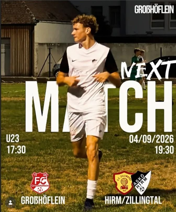 A soccer player in a white jersey runs on a field with a blurry background. The image shows the next match between FC Grosshoflein and FC Hirm/Zillingtal on April 9, 2026.
