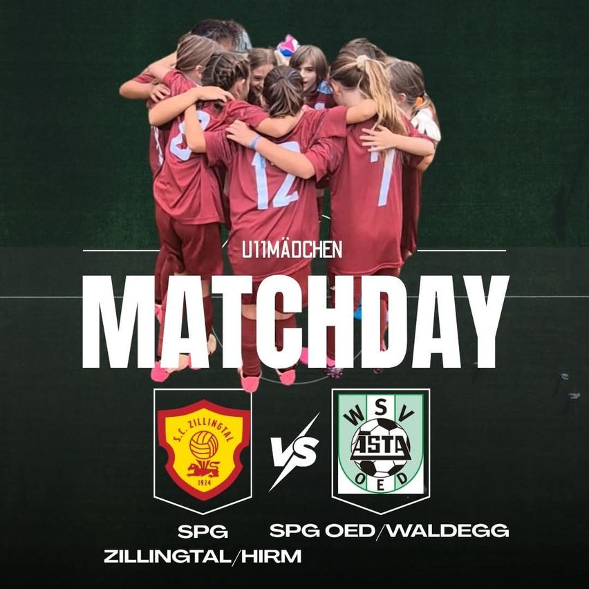 A group of young female soccer players in maroon uniforms are huddled together, possibly celebrating a victory. The image features the text 'MATCHDAY' and logos of two teams, SPG ZILLINGTAL/HIRM and SPG OED/WALDEG.