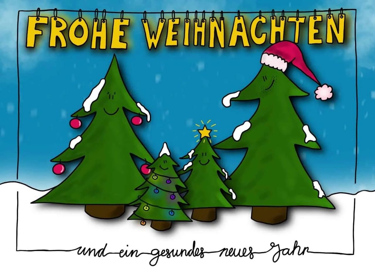 Ein Banner mit vier lächelnden Weihnachtsbäumen. Der erste Baum hat einen Weihnachtsmannhut und eine rote Kugel, der zweite Baum hat bunte Kugeln, der dritte Baum hat einen kleinen Stern auf dem Kopf und der vierte Baum hat Schnee auf seinen Ästen. Die Bildunterschrift lautet 'Ruhige Weihnachten.'