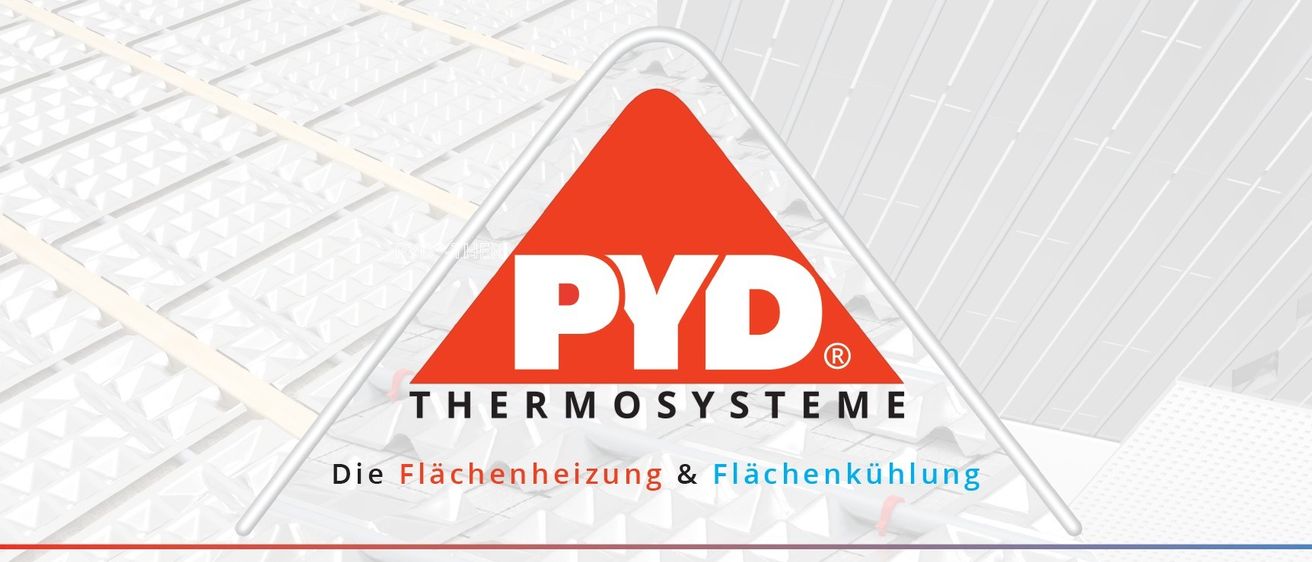 Das Bild zeigt das Logo von PYD Thermosysteme, spezialisiert auf Flächenheizungs- und Kühlsysteme. Das Logo besteht aus einem roten Dreieck mit weißen Buchstaben und einem R-Symbol. Der Hintergrund ist ein geometrisches Muster in Weiß- und Grautönen.