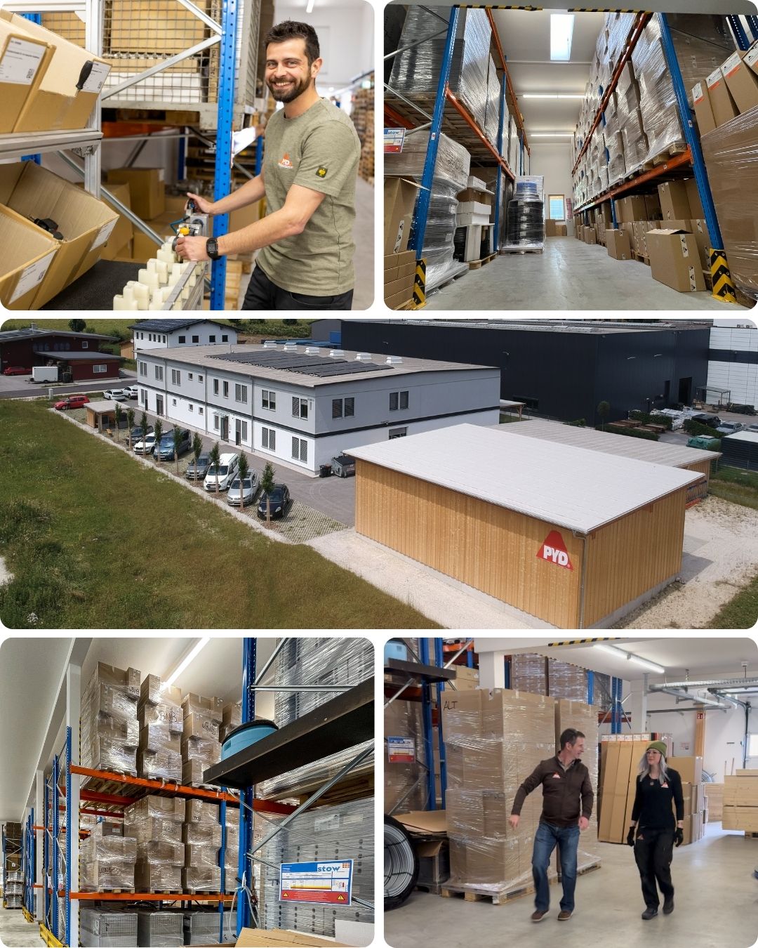 Eine Collage von Bildern, die Lageraktivitäten, ein Gebäude mit Solarpanelen, einen Lagerschuppen und Menschen in einem Lager zeigt.