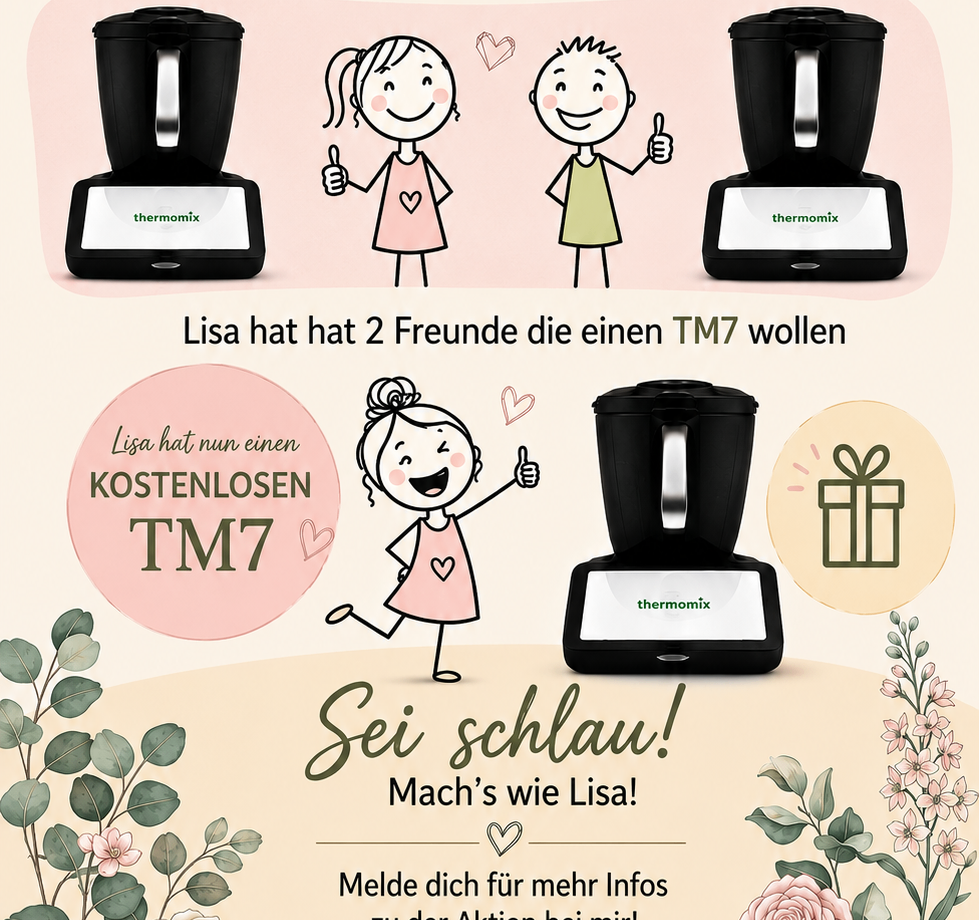 Eine Werbung zeigt ein Mädchen und einen Jungen mit einem Thermomix. Das Mädchen hat einen kostenlosen Thermomix. Der Junge gibt einen Daumen hoch. Rufen Sie für weitere Informationen an.
