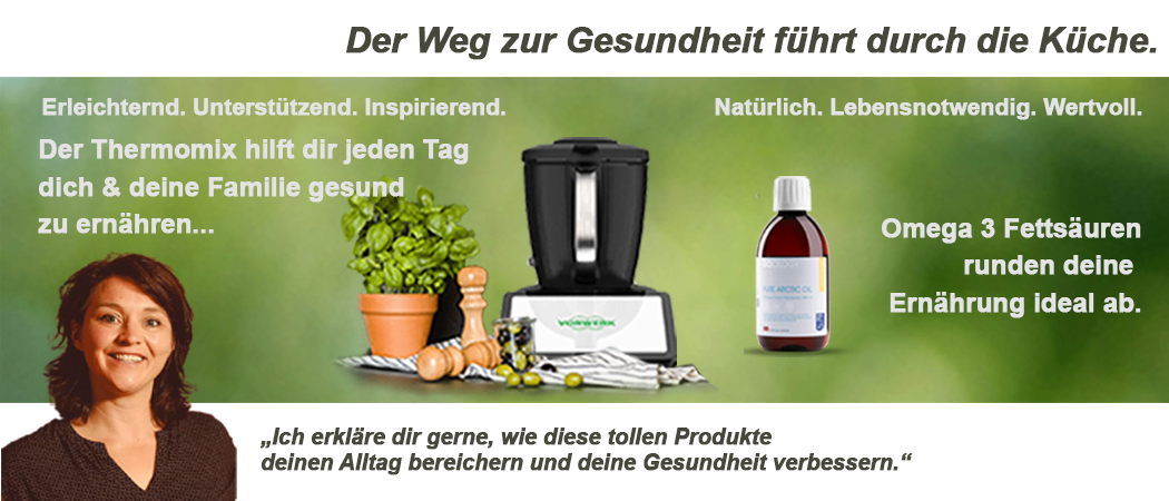 Eine Werbung für Gesundheitsprodukte zeigt eine Frau, Omega-3-Öl, einen Mixer und Kräuter. Sie verspricht ein gesünderes Leben durch tägliche Anwendung.