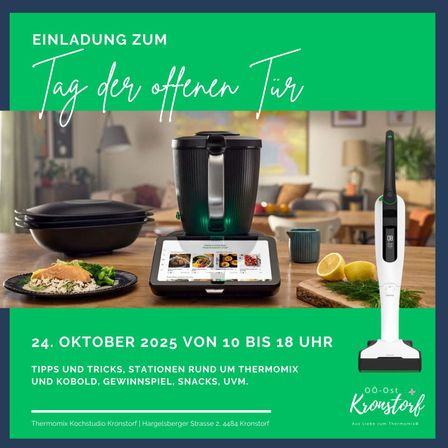 Einladung zum Tag der offenen Tür von Thermomix. 24. Oktober 2025 von 10 bis 18 Uhr. Tipps und Tricks, Stationen rund um Thermomix und Kobold, Gewinnspiele, Snacks, Getränke.