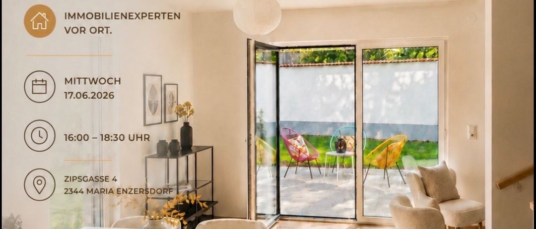Ein Open Day für ein neues Haus ist am Mittwoch, 17. Juni 2026, von 16:00 bis 18:30 Uhr. Es befindet sich in Zipsgasse 4, 2344 Maria Enzersdorf. Das Haus wird direkt vom Eigentümer verkauft.