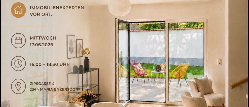 An open day for a new house is on Wednesday, June 17, 2026, from 16:00 to 18:30. It is located at Zipsgasse 4, 2344 Maria Enzersdorf. The house is sold directly by the owner.