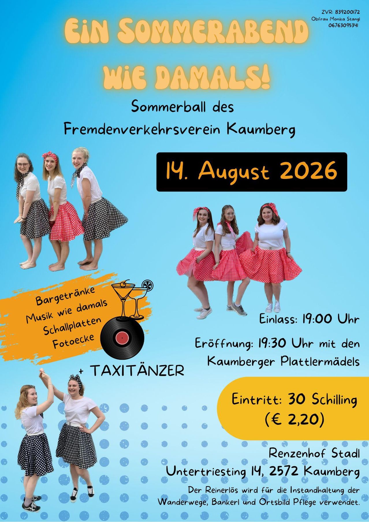 Plakat für den Sommerball des Fremdenverkehrsvereins Kaumberg, mit Frauen in Vintage-Outfits, einer Schallplatte und einem Cocktail. Die Veranstaltung findet am 14. August 2026 statt, mit Eröffnung um 19:30 Uhr und Einlass um 19:00 Uhr. Der Eintrittspreis beträgt 30 Schilling (2,20 Euro).