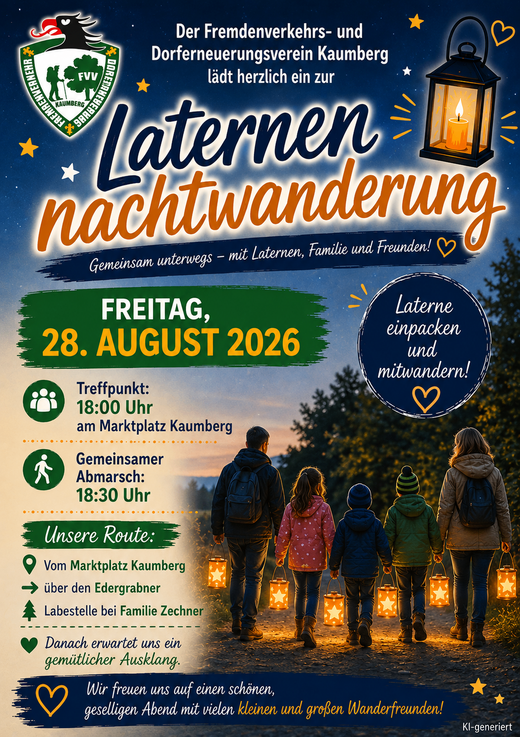 Plakat für einen Laternenumzug am 28. August 2026, Beginn um 18:00 am Marktplatz Kaumberg. Familien und Freunde versammeln sich mit Laternen.