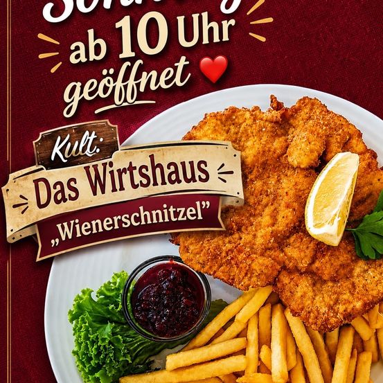 Ein Teller mit gebratenem Hähnchen mit einer Zitronenscheibe und Petersilie, begleitet von Pommes Frites und einer Schüssel mit Cranberry-Sauce. Der Teller liegt auf einem roten Hintergrund mit einem Holzschild, das 'Das Wirtshaus' und ein Herzsymbol zeigt.