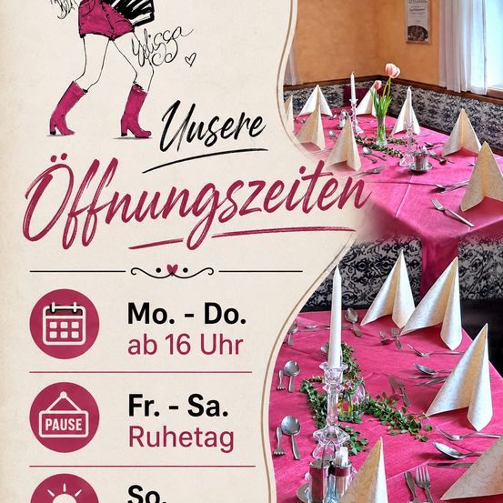 Ein Werbeplakat für die Öffnungszeiten eines Restaurants. Es zeigt eine Frau in Stiefeln und einem rosa Rock, mit einem gedeckten Tisch. Der Text lautet 'Unsere Öffnungszeiten' und gibt die Betriebszeiten an.