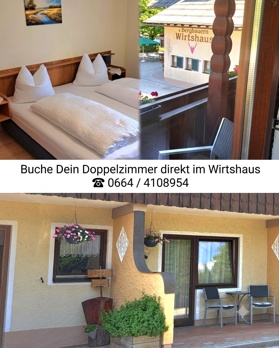 A double bed with white pillows and a balcony view of a building with a deer head logo. The bottom part shows a house exterior with a window, a table, and chairs.