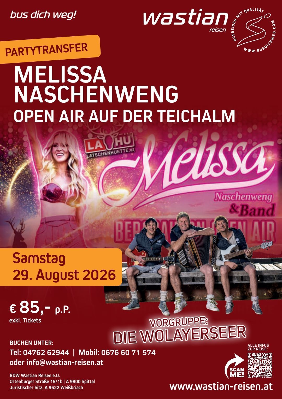 Poster for Melissa Nascheweng's open-air concert on Teichalm. Three men sit on a bench playing instruments. Melissa, a blonde woman, is featured prominently. Date: August 29, 2026.