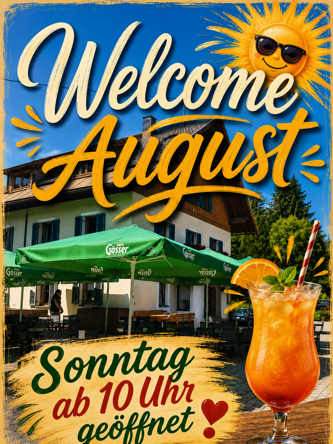 Eine Werbung für ein Sommerevent heißt August mit einer fröhlichen Sonne und einem erfrischenden Getränk willkommen. Das Bild zeigt ein Gebäude mit grünen Sonnenschirmen, einer Person, die steht, und einen leuchtend orangefarbenen Cocktail.
