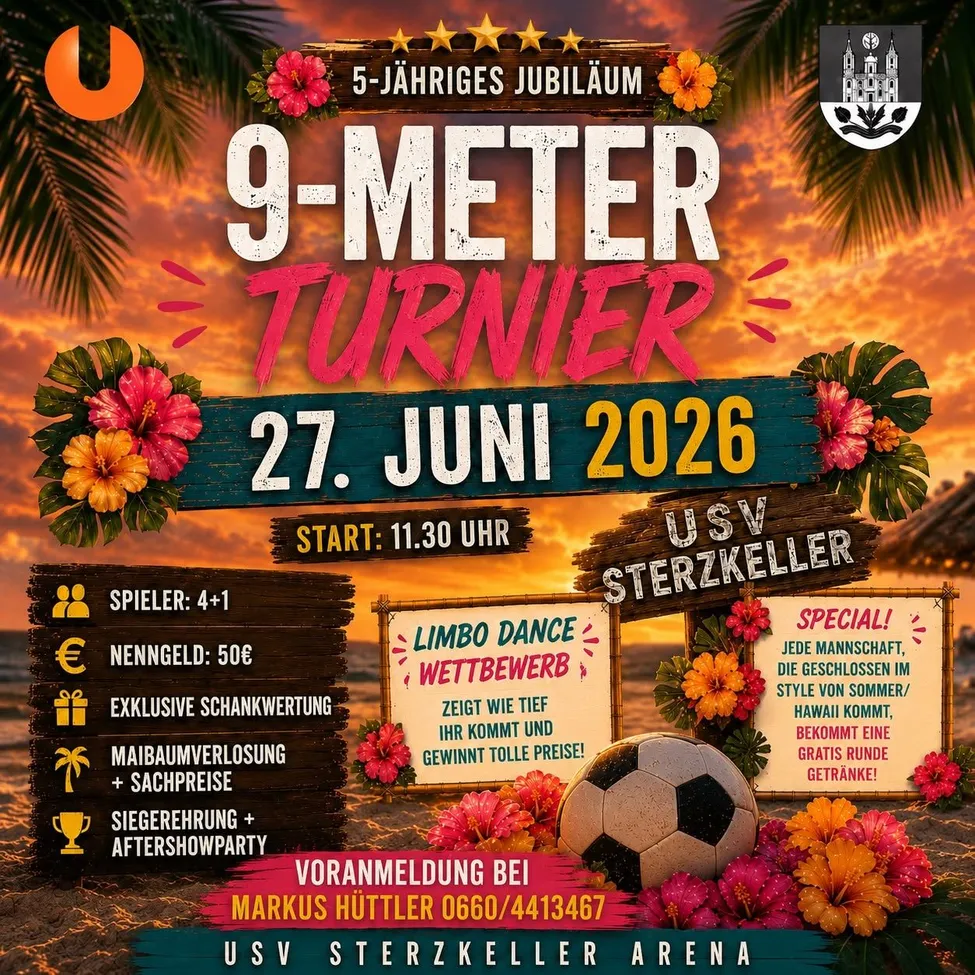 Ein Plakat für das 5-jährige Jubiläum des 9-Meter-Turners mit tropischem Sonnenuntergang im Hintergrund. Es enthält ein Fußballspiel, Preise und eine Party. Beginn um 11:30 Uhr.