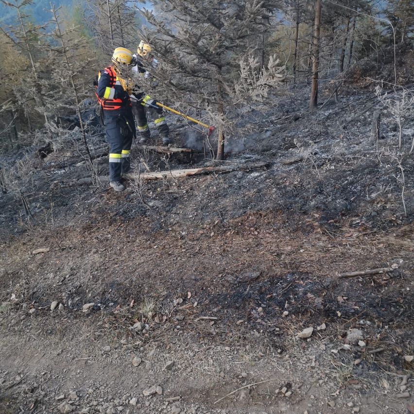Zwei Feuerwehrleute in gelben Helmen und Schutzanzügen arbeiten auf einem verbrannten Hang, einer hält ein gelbes Werkzeug. Bäume und Pflanzen sind verbrannt, der Boden ist mit Asche bedeckt und mit verstreuten Steinen übersät.