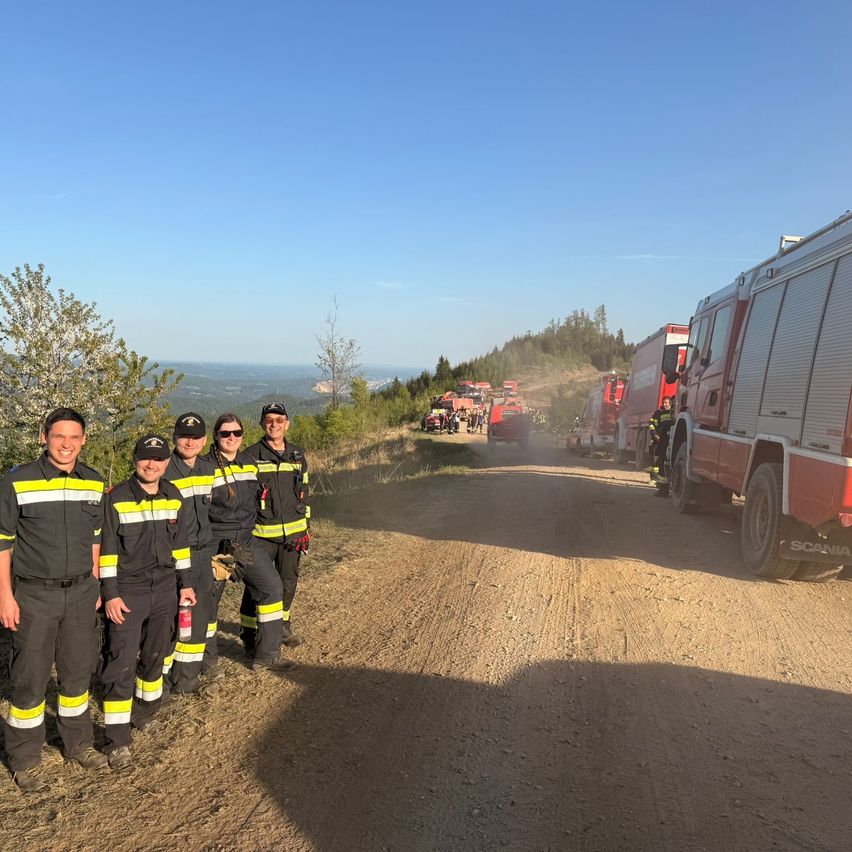 Fünf Feuerwehrleute stehen auf einem unbefestigten Weg mit Wald im Hintergrund. Einer hält einen Feuerlöscher. Hinter ihnen sind mehrere Feuerwehrfahrzeuge geparkt.