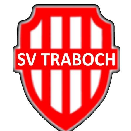 Das Logo für SV Trabach ist rot mit weißen vertikalen Linien und dem Text SV TRABOCH in Fettschrift.
