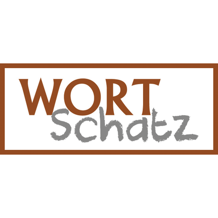 Das Logo für Wort Schatz, auf weißem Hintergrund mit braunem Rand dargestellt. Das Wort Wort ist in fetter brauner Schrift, Schatz ist in grauer Schrift mit handgezeichneter Wirkung geschrieben.