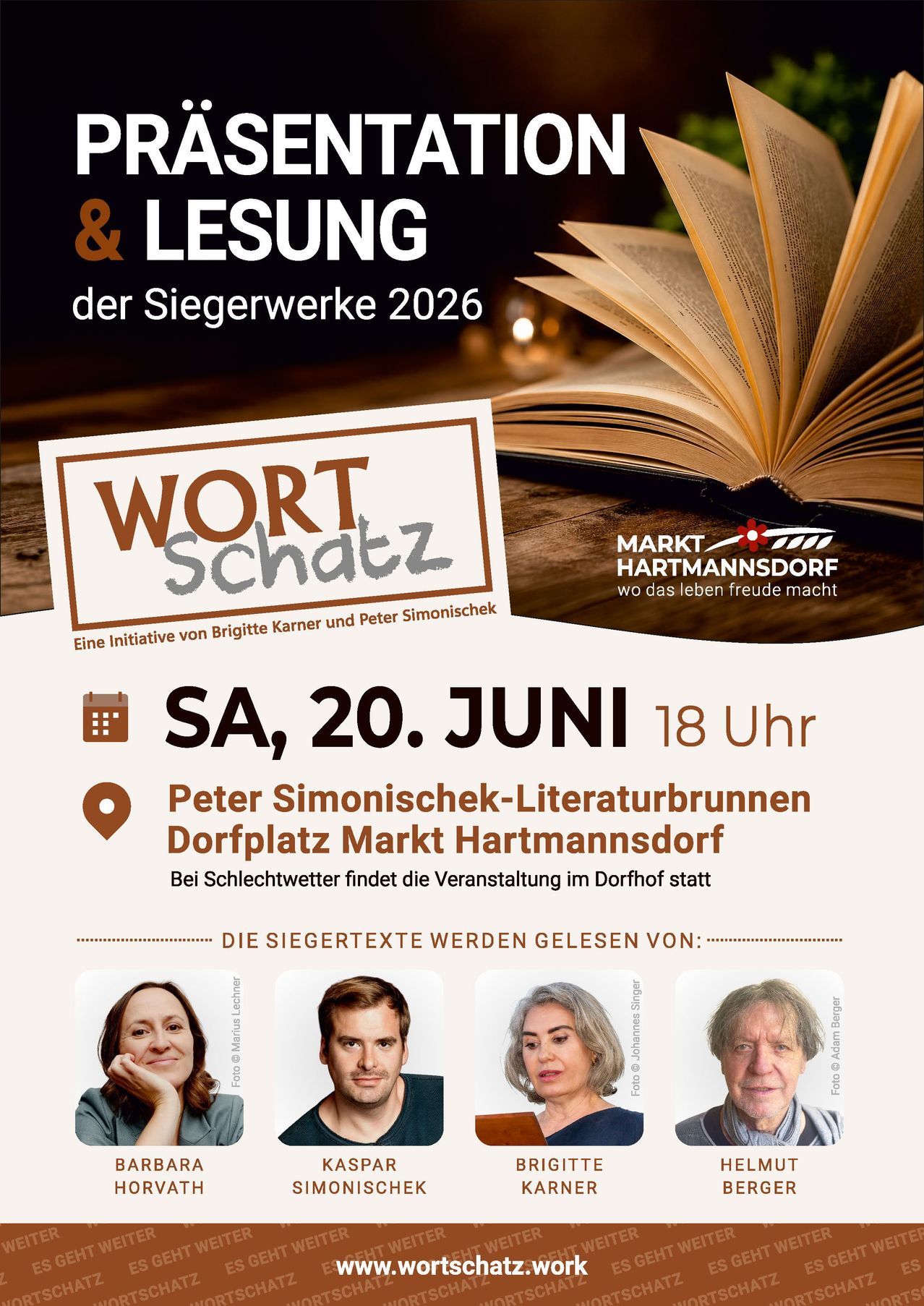 Plakat für die Lesung der Siegerwerke 2026, von Wort Schatz. Geplant am 20. Juni um 18 Uhr, bei Peter Simonischeck-Literaturbrunnen Dorfplatz, Hartmmannsdorf.