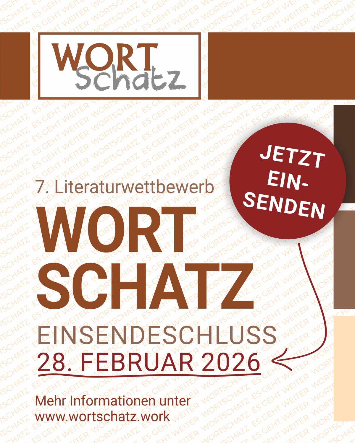 Poster advertising the 7th literature competition by Wortschatz, encouraging entries now with a deadline of February 28, 2026. The poster features a red circular button with 'JETZT EINSENDEN' written in white.