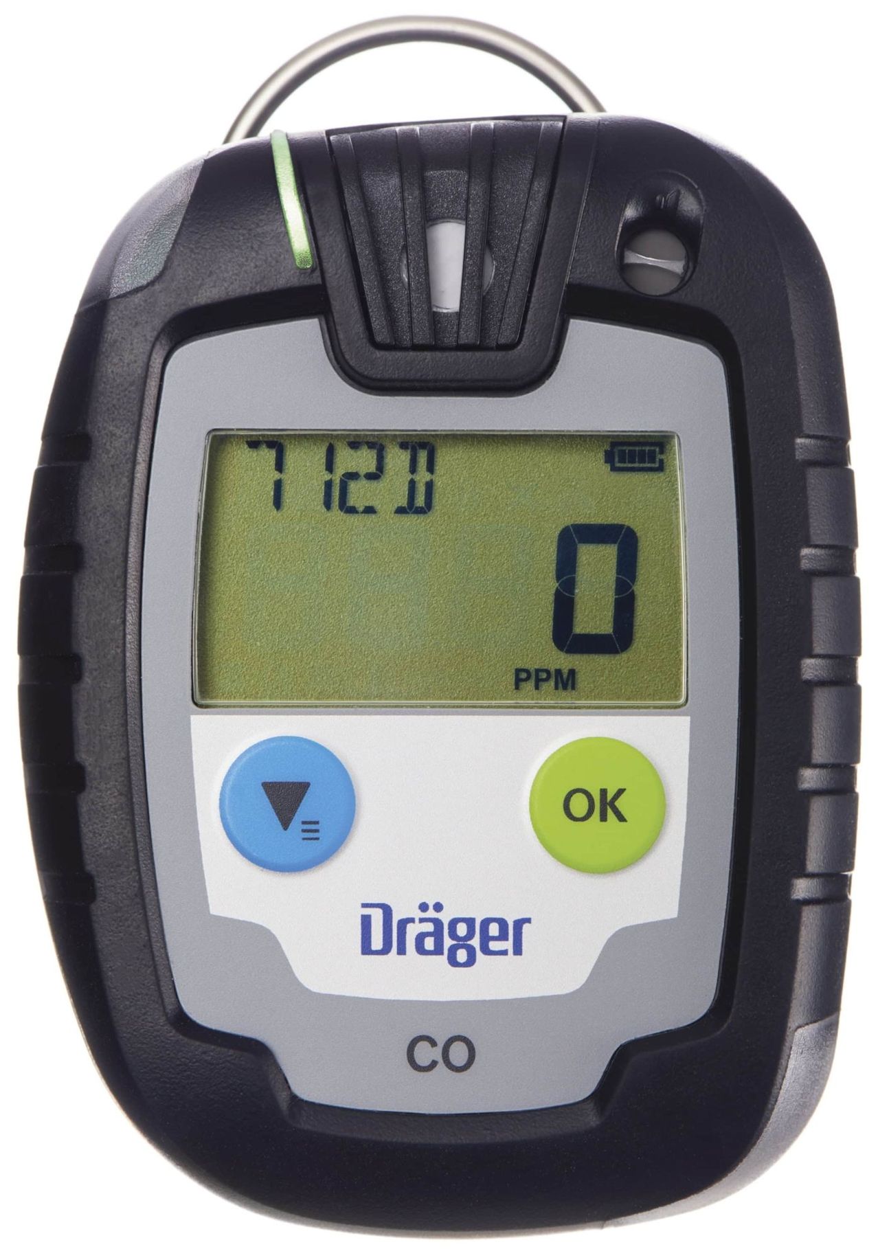 A black and gray device, possibly a gas detector, with the word Dräger and the letters CO on the front. It has a digital display showing 7123 and 0 with a green background. The device has two buttons, one blue and one green, with the green button labeled OK.