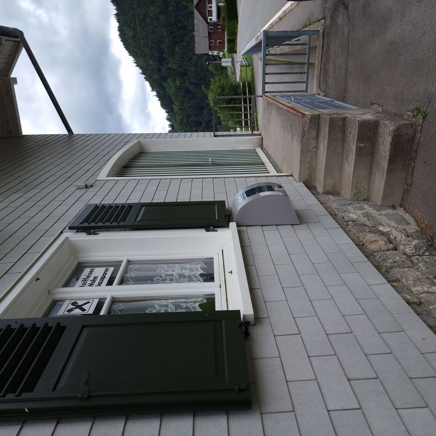 Luftaufnahme eines Hauses mit grünen Fensterläden und grauer Außenfassade. Eine Treppe führt zum Eingang, und ein graues Metallgeländer ist sichtbar. Das Haus hat ein gefliestes Dach und ist von Grün umgeben.