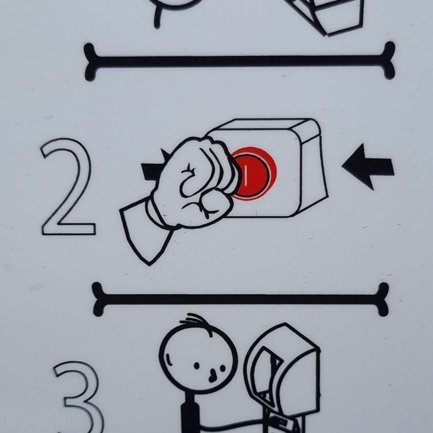 Ein Diagramm, das eine Hand zeigt, die einen roten Knopf mit der Aufschrift '2' drückt, gefolgt von einer Person, die eine Box mit der Aufschrift '3' hält.