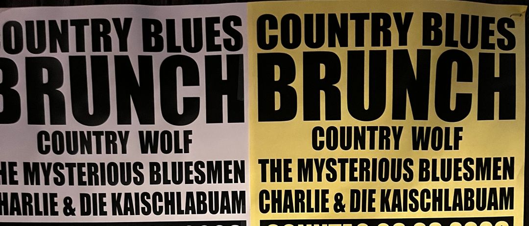Ein Plakat für einen Country Blues Brunch mit The Mysterious Bluesmen und Charlie & Die Kaischlabaum am 6. September 2026 um 11:00 Uhr bei Herbert's Stuben.