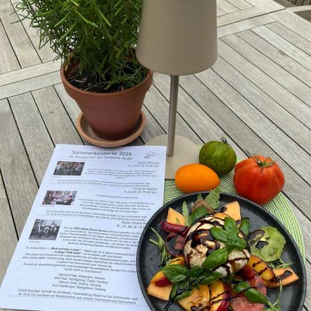 Auf einem Holztisch steht ein Teller mit frischem Obstsalat, ein Flyer für Sommerkonzerte 2026 und eine Topfpflanze. Der Flyer hat Text und Bilder von Musikern.
