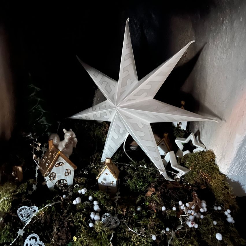 A white star paper decoration sits atop a bed of moss, surrounded by miniature houses and festive ornaments.