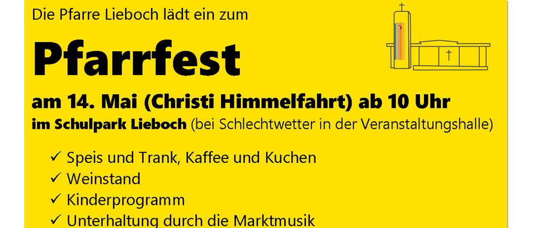 Einladung zu einem Kirchenfest in Lieboch, Österreich, ab 10 Uhr, mit Getränken, Kaffee, Essen und einem Programm mit Straßenmusikern.