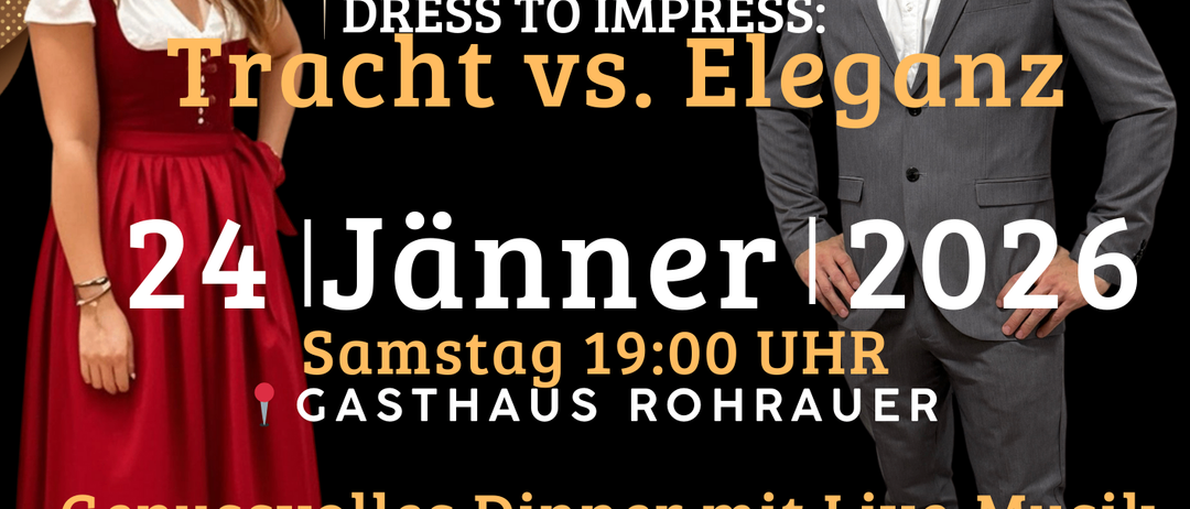 Plakat für Sportball mit einem Mann und einer Frau in formeller Kleidung. Veranstaltung am 24. Januar 2026 um 19:00 Uhr. Beinhaltet ein Dinner mit Live-Musik von einer Cover-Band. Dresscode: Tracht vs. Eleganz.