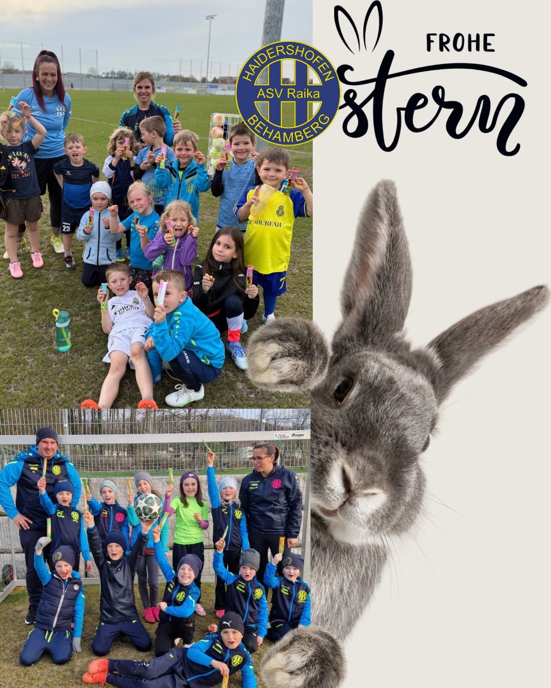 Zwei Gruppen von Kindern posieren mit erhobenen Händen und halten Karotten, während ein Hase im Vordergrund gezeigt wird.