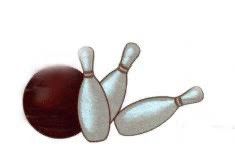 Eine Illustration eines Bowlingballs und zwei Bowlingkegeln auf weißem Hintergrund.