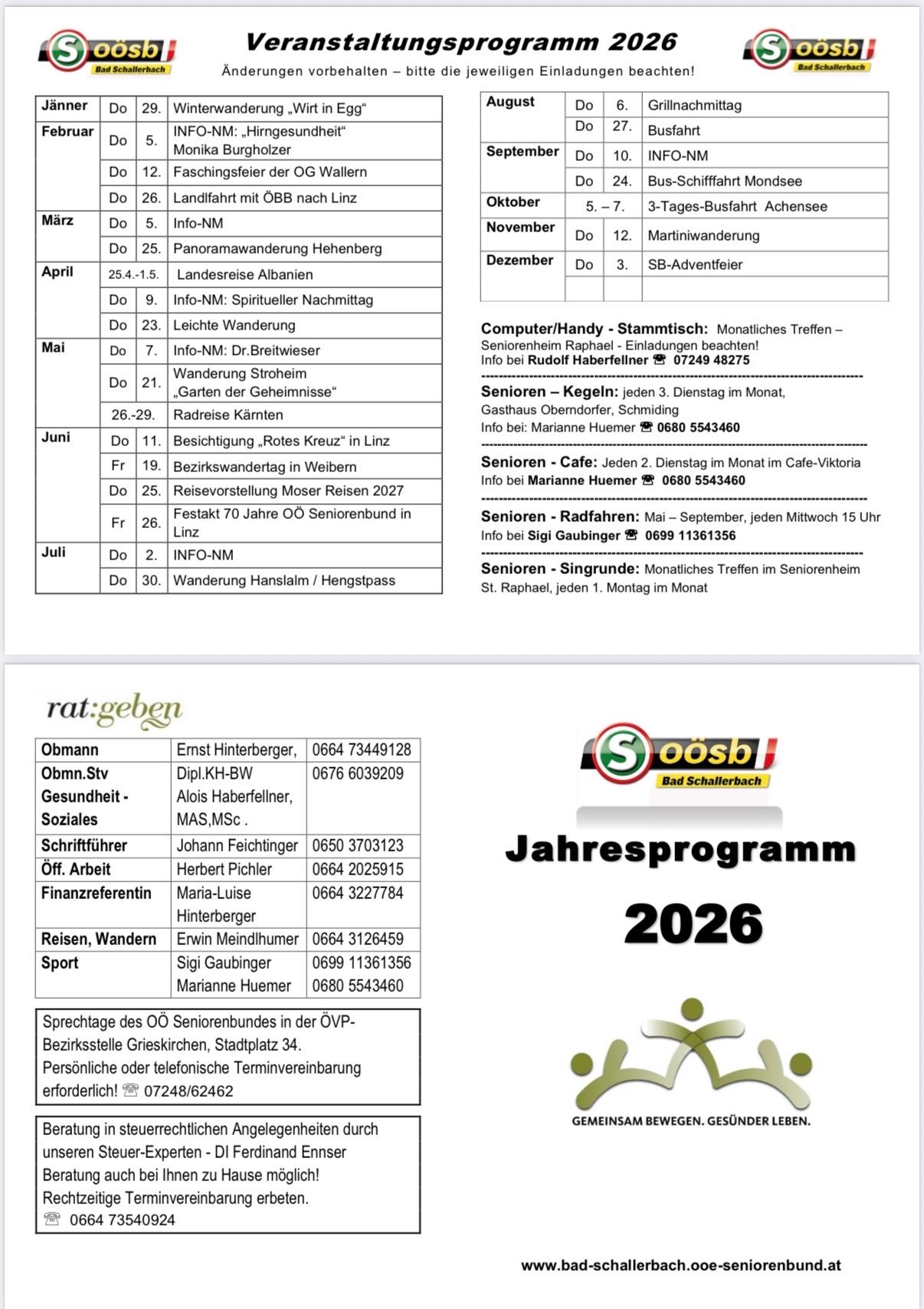 Das Bild zeigt eine Tabelle mit Daten, Aktivitäten und Kontaktinformationen für einen Seniorenbund. Aktivitäten umfassen Busfahrten, Wanderungen und gesellige Zusammenkünfte. Die Kontaktinformationen umfassen einen Vorsitzenden, Schatzmeister und Sekretär.