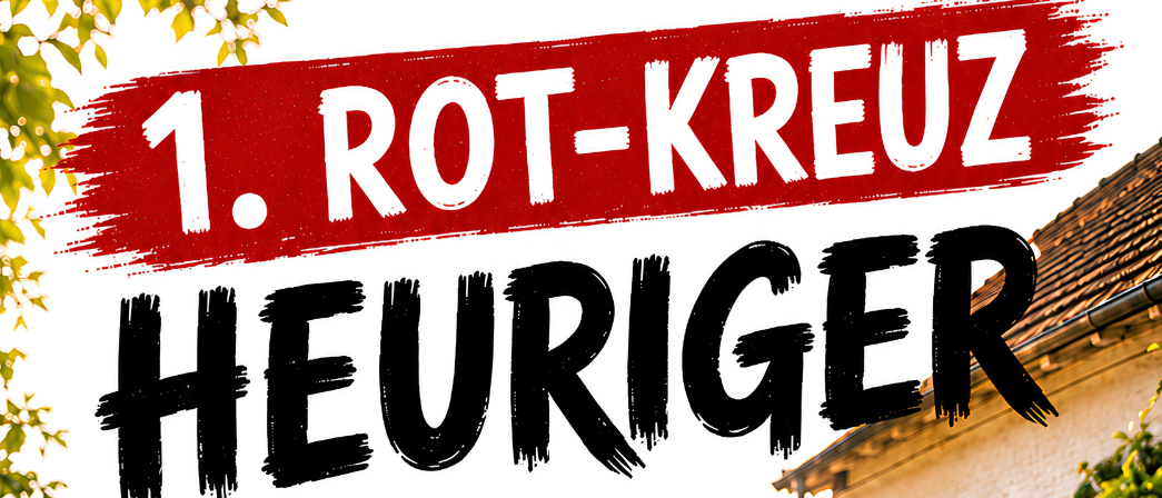Plakat zur Werbung für die 1. Rot-Kreuz Heuriger Veranstaltung am Samstag, 29. August 2026, um 10 Uhr, mit einem Essensangebot und Menschen, die im Freien essen.