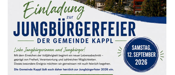 Plakat für das Jugendfest in der Gemeinde Kappl mit einer Berglandschaft und einer Kirche im Hintergrund, mit einem Zeitplan von Veranstaltungen, einschließlich eines Gottesdienstes, Apero, Reden, musikalischen Darbietungen und einer Podiumsdiskussion. Das Event ist für den 12. September 2026 geplant.