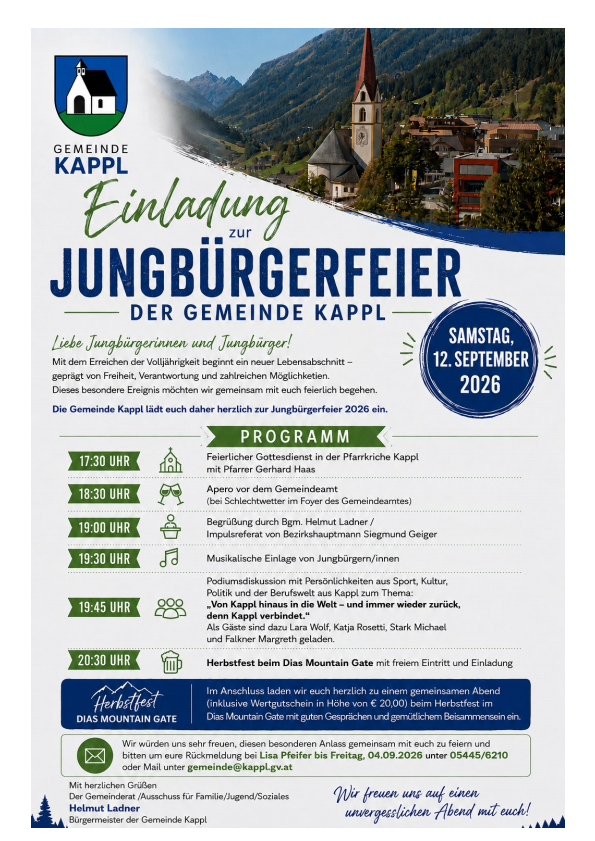Einladung zur Jugendfeier der Gemeinde Kappl am Samstag, 12. September 2026. Das Plakat zeigt eine landschaftliche Kulisse mit einer Kirche und Bergen im Hintergrund und beinhaltet ein Programm mit Gottesdienst, Apero, Reden, musikalischen Darbietungen und einer Podiumsdiskussion. Der Höhepunkt ist das Erntefest im Dia Mountain Gate.