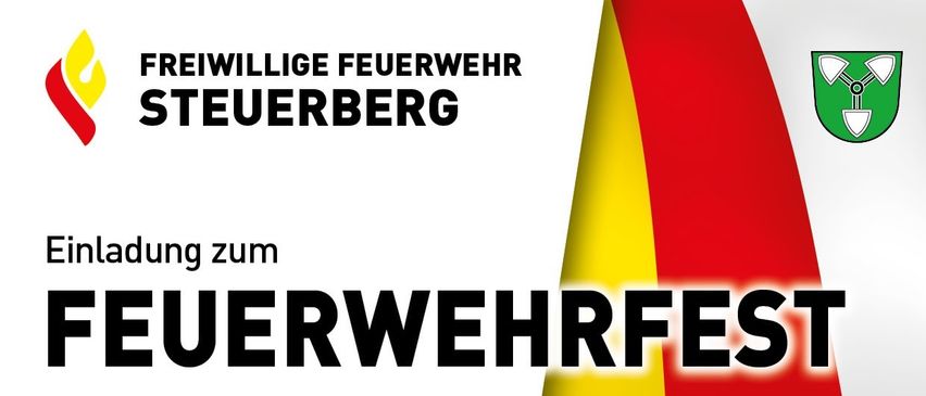Das Bild zeigt einen weißen Hintergrund mit fettem schwarzen Text, der 'EIWILLIGE FEUERWEHR TEUERBERG' und 'g zum UERWEHRFE' lautet. Der Text wird von einem leuchtenden rot-gelben Dreieck begleitet.