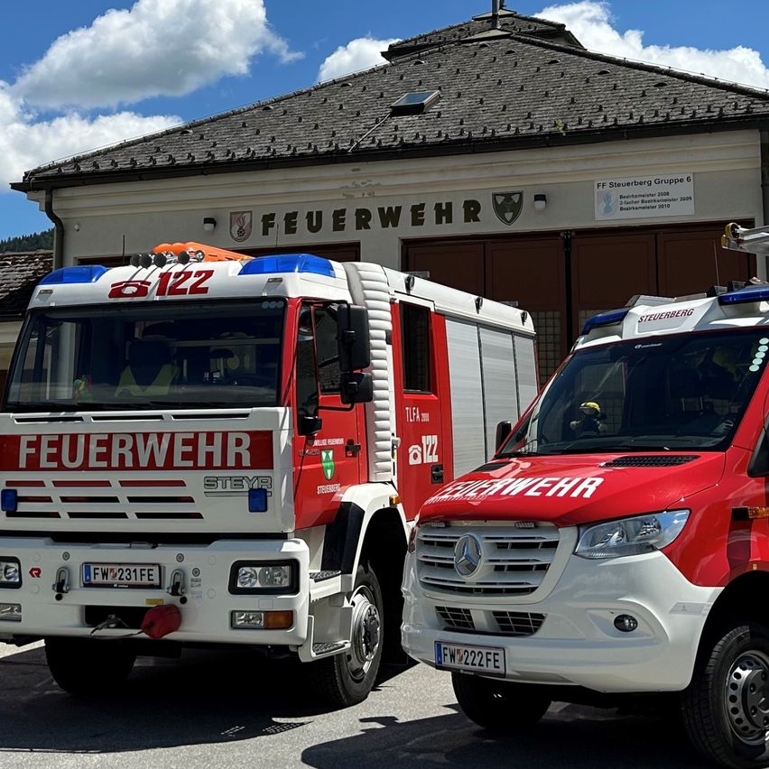 Drei rote und weisse Feuerwehrfahrzeuge sind vor einem Gebäude geparkt, auf dem der Schriftzug Feuerwehr steht. Der Himmel ist blau mit einigen Wolken.