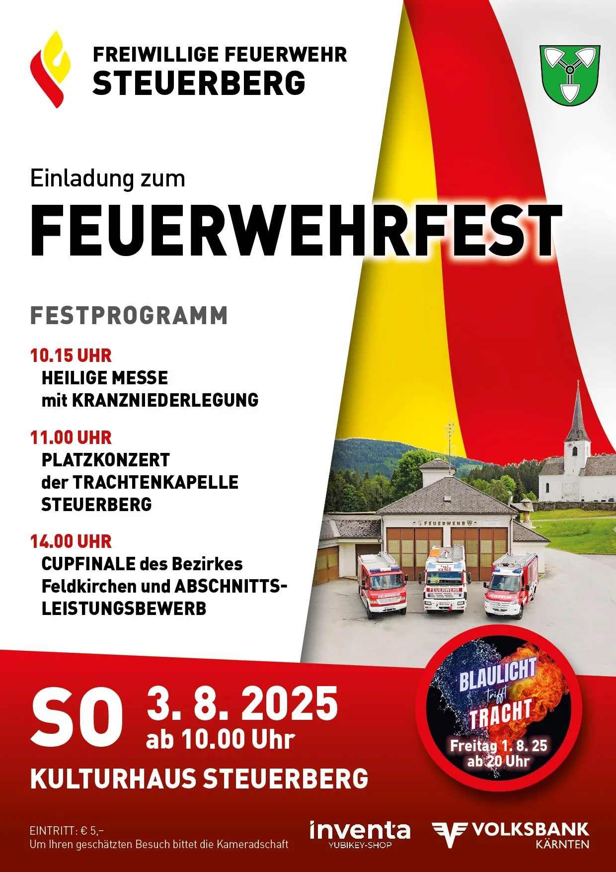 Ein Plakat für das Feuerwehrfest, das eine Feuerwehrwache mit Feuerwehrautos und einer Kirche im Hintergrund zeigt. Die Veranstaltung umfasst eine heilige Messe, ein Platzkonzert und ein Pokalfinale.