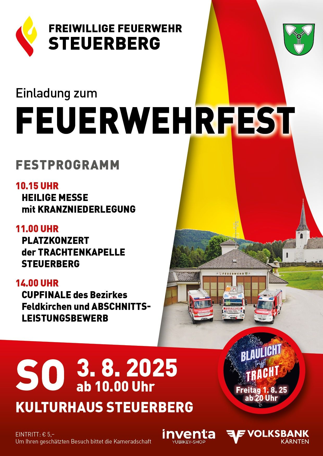 Ein Plakat für das Feuerwehrfest, das eine Feuerwehrwache mit Feuerwehrautos und einer Kirche im Hintergrund zeigt. Die Veranstaltung umfasst eine heilige Messe, ein Platzkonzert und ein Pokalfinale.