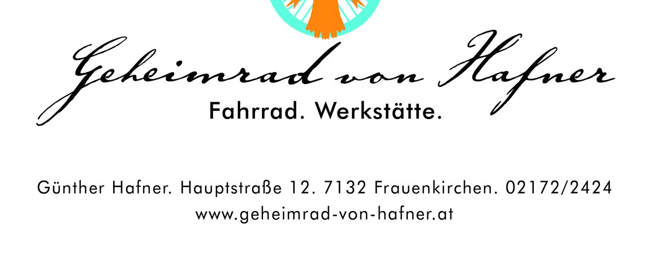 Visitenkarte für Hafner Fahrradwerkstatt. Zeigt Logo mit Vogel und Fahrrad, Firmenname, Adresse, Telefonnummer und Webseite.