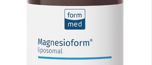 A bottle of 'Magnesioform' liposome product. The bottle is dark brown with a white label featuring the brand name 'form med'. Below this, the product name 'Magnesioform liposome' is displayed. The product contains 100 mg liposomes of magnesium per 5 ml. The bottle has a white cap.