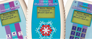 Three Diamond Shield devices with Crystal branding, each showing a Main Menu and Standard configuration. The center device features a snowflake design.