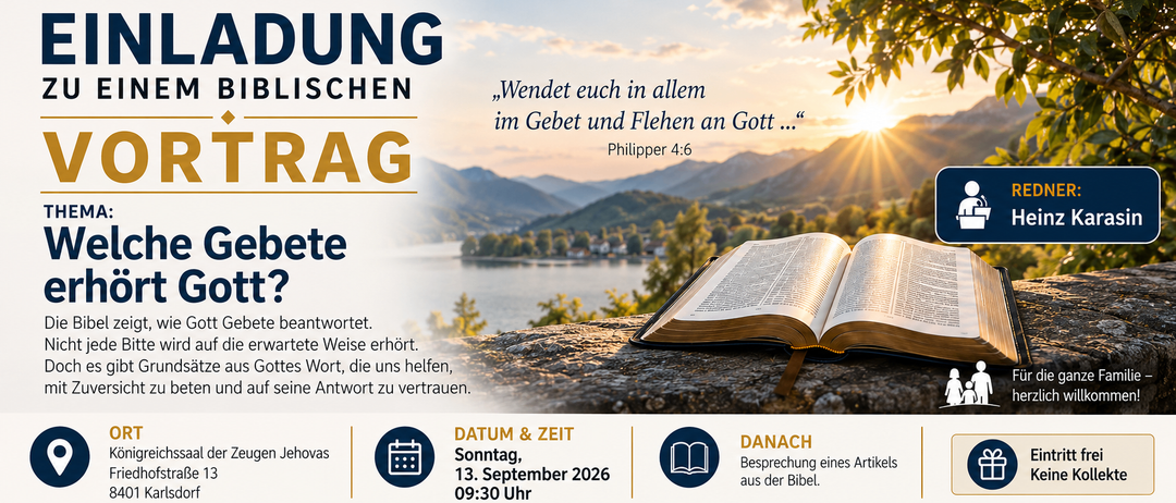 Ein Poster mit einer offenen Bibel auf einem Felsen, einer ruhigen Landschaft im Hintergrund und einem Zitat aus Philipper 4:6. Der Text lädt die Leser ein, Gottes Wort für Führung zu vertrauen.