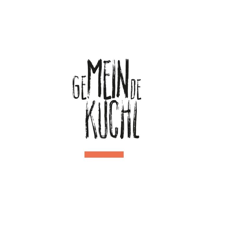 The image displays the text 'GE MEIN DE KUCHL' in bold black letters on a white background. Below it is a short orange line.