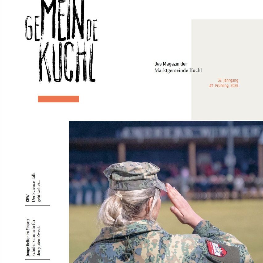 The image shows a woman in military uniform saluting. In the background, there is a blurred scene of a stadium with people. The magazine is titled 'Meine Kuchl', and it is the 37th issue of the spring 2026.