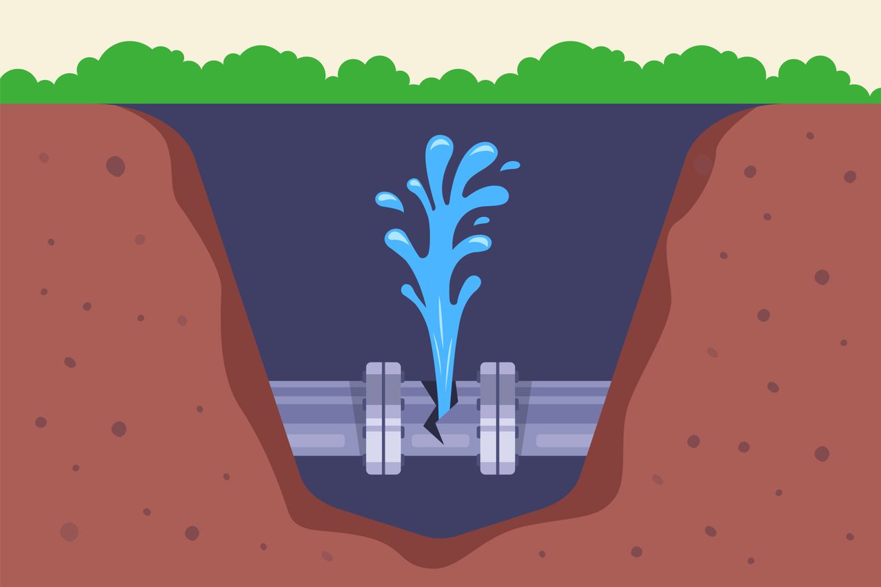 Illustration einer kaputten Wasserleitung, aus der Wasser in den Boden spritzt.