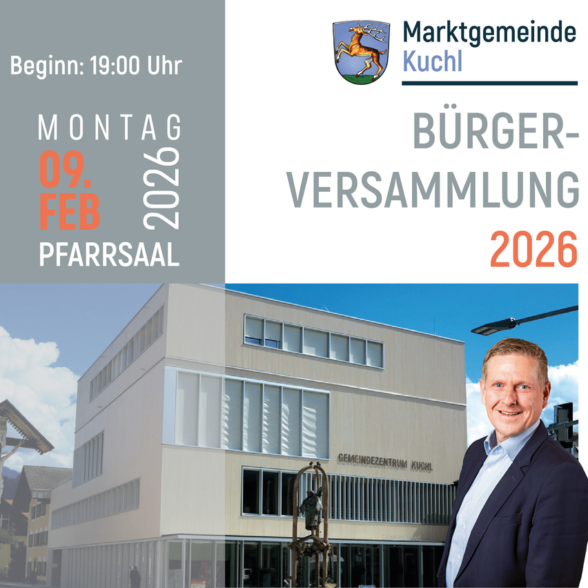 Ein Bild für eine städtische Veranstaltung am 9. Februar 2026 um 19:00 Uhr. Der Ort ist Pfarrsaal. Ein Mann steht vor einem Gebäude mit der Aufschrift Gemeindezentrum Kuchl.
